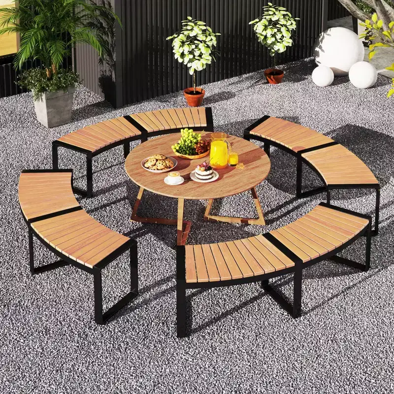 Costway Backless 2-Person Patio Curved Bench with Slatted Seat & Metal Legs Oil Painted