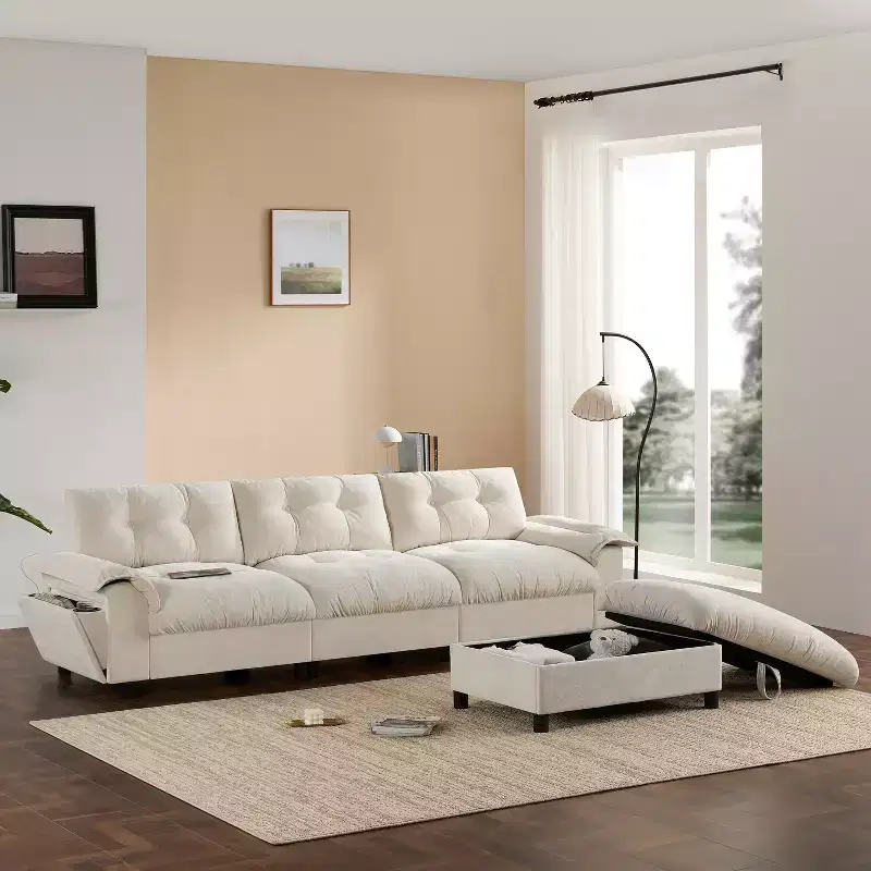 Modular 4-Seat Sectional Sofa with Storage Ottoman, Cup Holders, USB & Type-C Charging, Tufted Cushions, Armrest Storage, Soft Upholstery