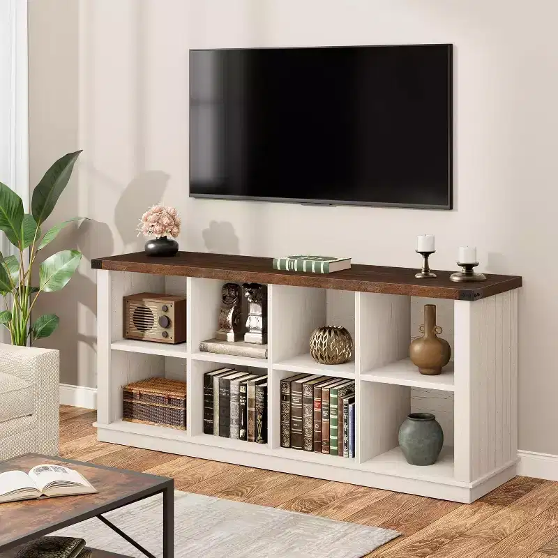 8 Cube Book Shelf, Rustic Farmhouse Wood Horizontal Bookshelf, Freestanding Bookcase Cabinet, 2-Tier Storage Organizer for Home, Office Brown White
