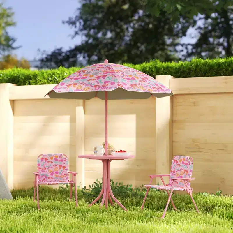 Qaba Kids Picnic Table, Outdoor Table with Foldable Chairs, Removable Umbrella, Buttefly Theme Children Outdoor Furniture, Pink