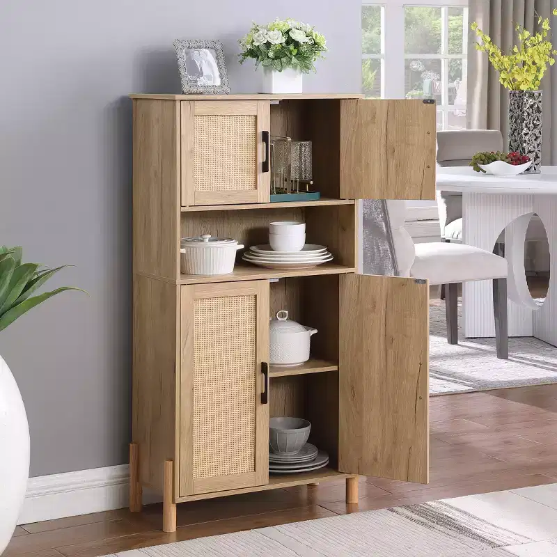 GDFStudio Malphite Mid-Century Modern 23.6'' Storage Cabinet with Woven Rattan Doors and Adjustable Shelves