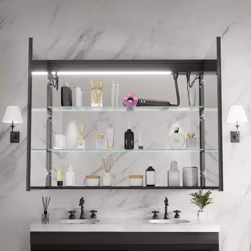 FAMYYT 40 in. W x 32 in. H Aluminum Medicine Cabinet with Mirror, Flowing Light, Dimmable, Anti-Fog