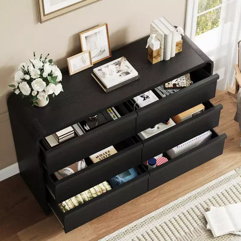 46 Wide Fluted 6 Drawer Dresser for Bedroom, Large Storage Wooden Dresser with Curved Profile, Modern Chest of Drawers for Living Room