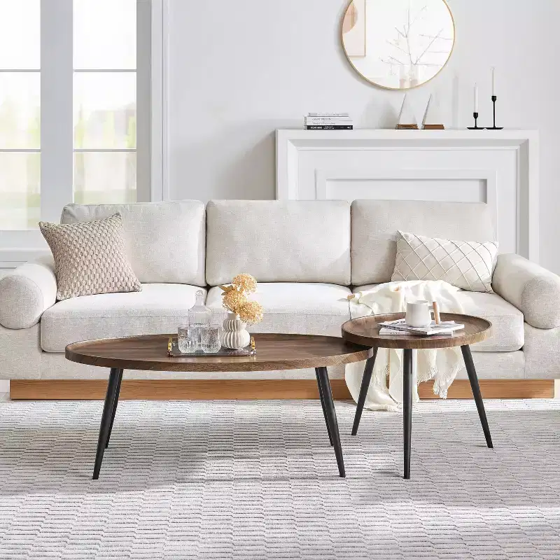 2pc Paxton Round & Oval Mid-Century Coffee Table Set Walnut: Storage, Tapered Legs, Laminated Surface, Scandinavian Style