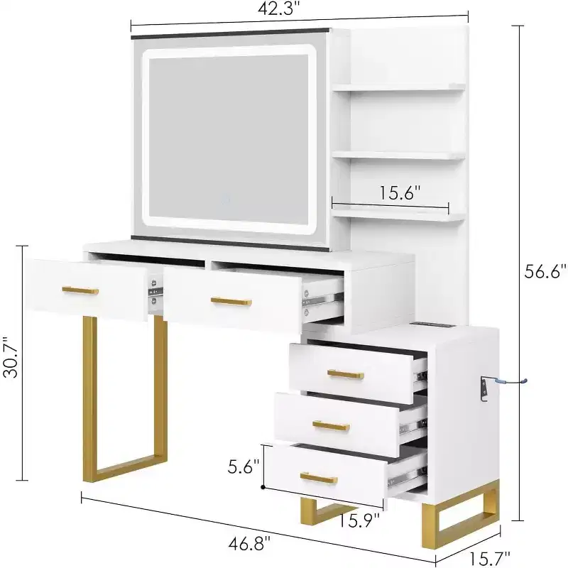 Makeup Vanity Desk, Large Dressing Table, 3 Lighting Modes, 5 Large Drawers and 3 Tiers of Open Shelves, for Bedroom