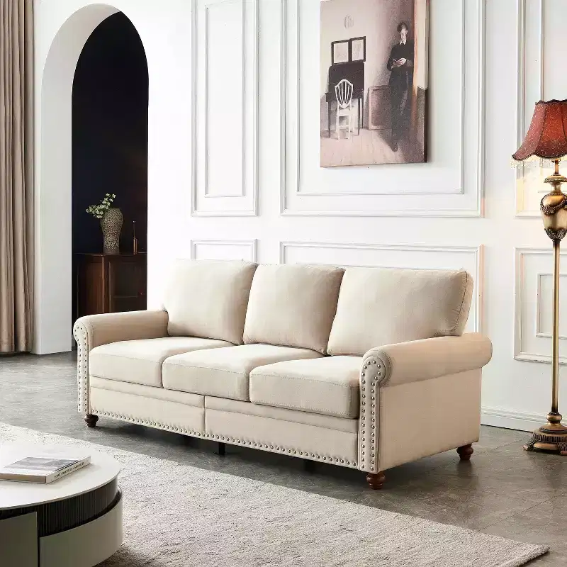 MAYEERTY Solid Wood & Metal Frame Sofa with Silver Nail Accent Under Seat Storage for Living Room Beige