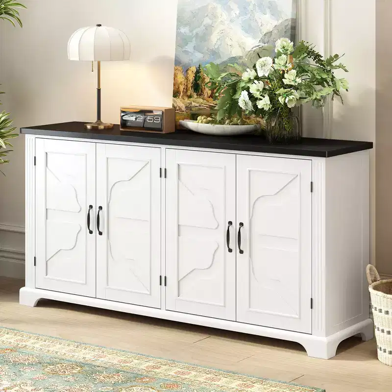 Country-Style Sideboard in White, Featuring Pine Wood Doors and Legs with Four Metal Handles; Ideal for Entryways, Living Rooms, and Dining Areas