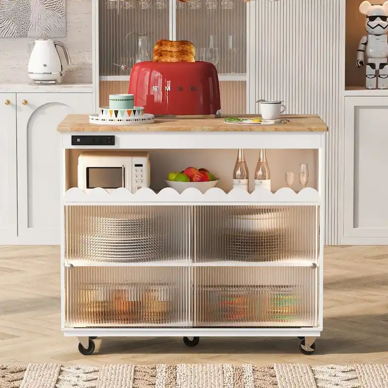LED Light Kitchen Island on Wheels with Drop Leaf and Power Outlets