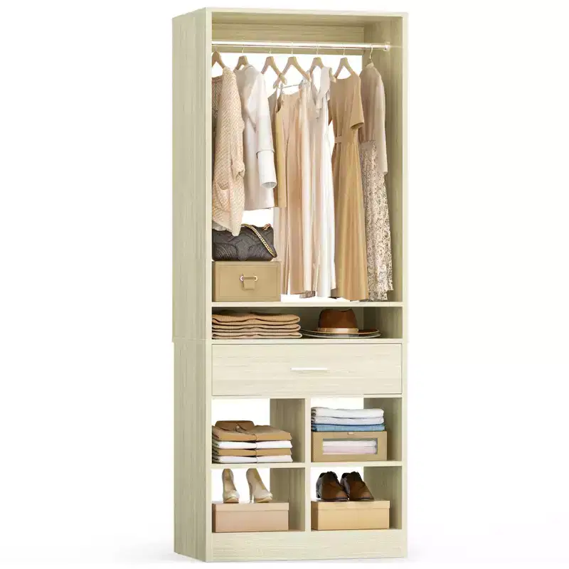 Besiost 25-In Closet Organizer with Wood Drawers and Cubbies, Freestanding Closet System with Hanging Rods