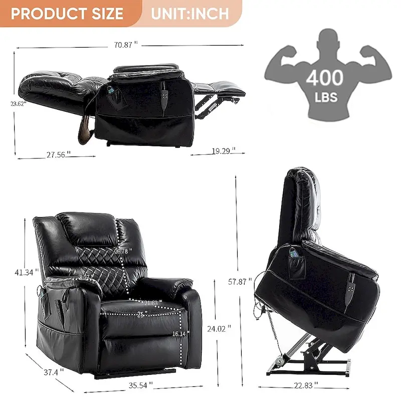 35.5W Dual Electric Power Lift Recliner,Massage&Heat,180 degrees