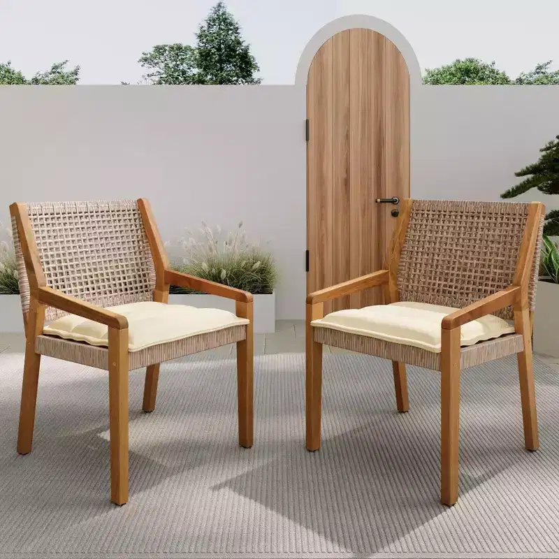 NAYSAYE Patio Dining Sets Outdoor Acacia Wood Wicker Dining Chairs with Cushions for Garden Patio, Multicolor, 23.5*21.25*32