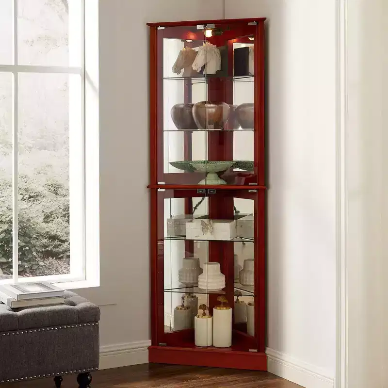 Corner Curio Cabinet, Cherry/Walnut, 4-Door Glass Display Cabinet