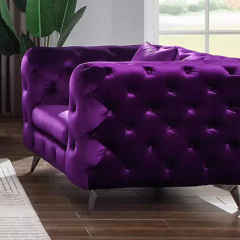 Tufted Velvet Accent Chair with Arms, Wood Frame & Metal Legs, Glossy Finish