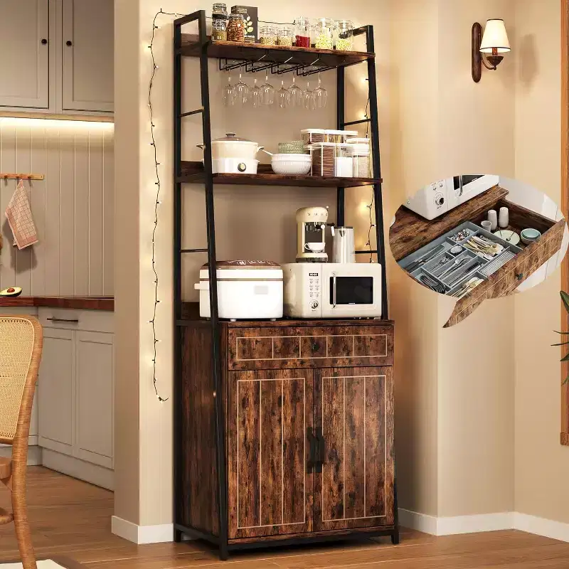 COZONY 71 Bakers Rack with Drawer & Cabinet, 5-Tier Microwave Stand with Glass Holder, Tall Industrial Kitchen Coffee Bar, Vintage