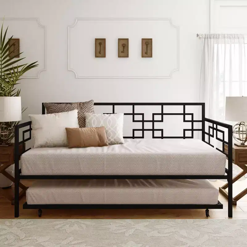 RealRooms Penelope Metal Geometric Daybed with Trundle, Twin, Black