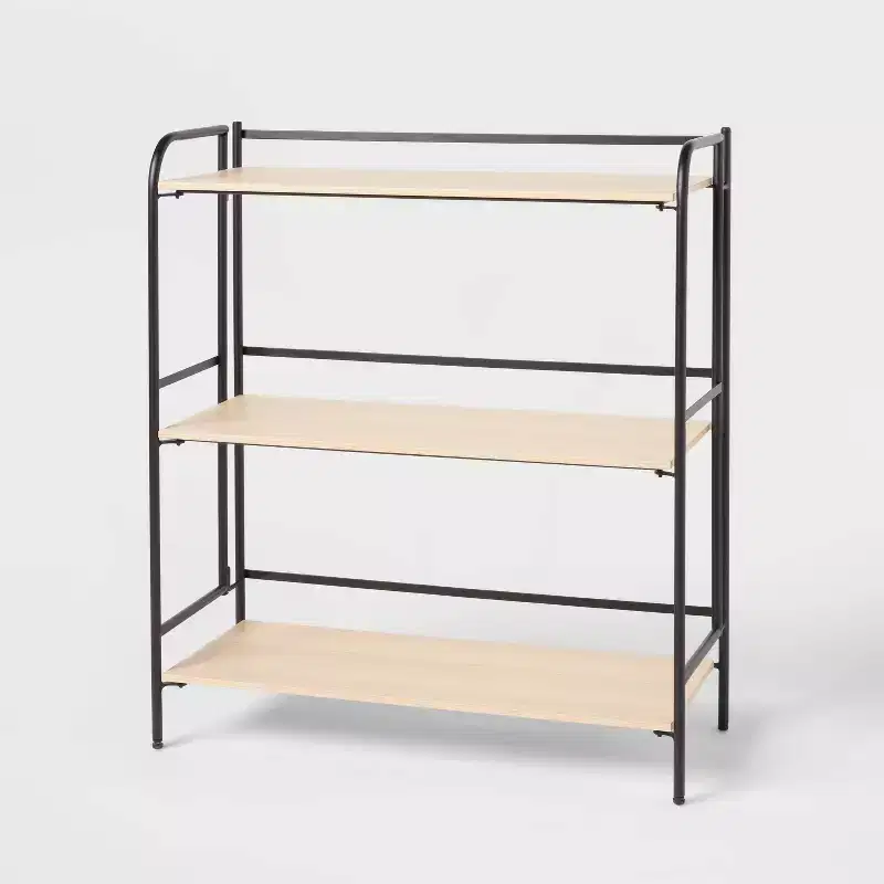 Folding 3-Shelf Black Metal with Natural Wood Shelves