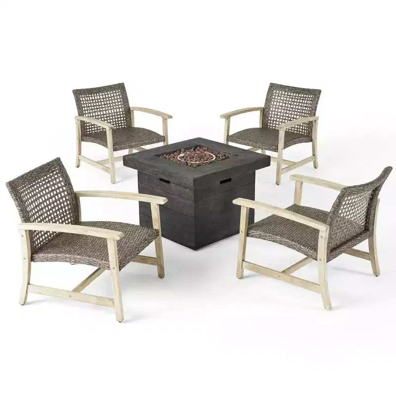 Breakwater 5pc Wood & Wicker Club Chairs & Fire Pit Set - Light Gray/Black/Gray -Christopher Knight Home: Acacia Frame, PE Rattan