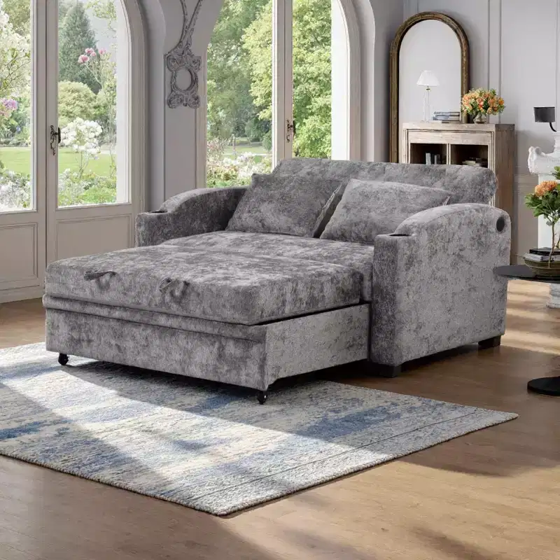 Polibi Convertible Sofa Bed with USB, Cup Holders & Adjustable Backrest