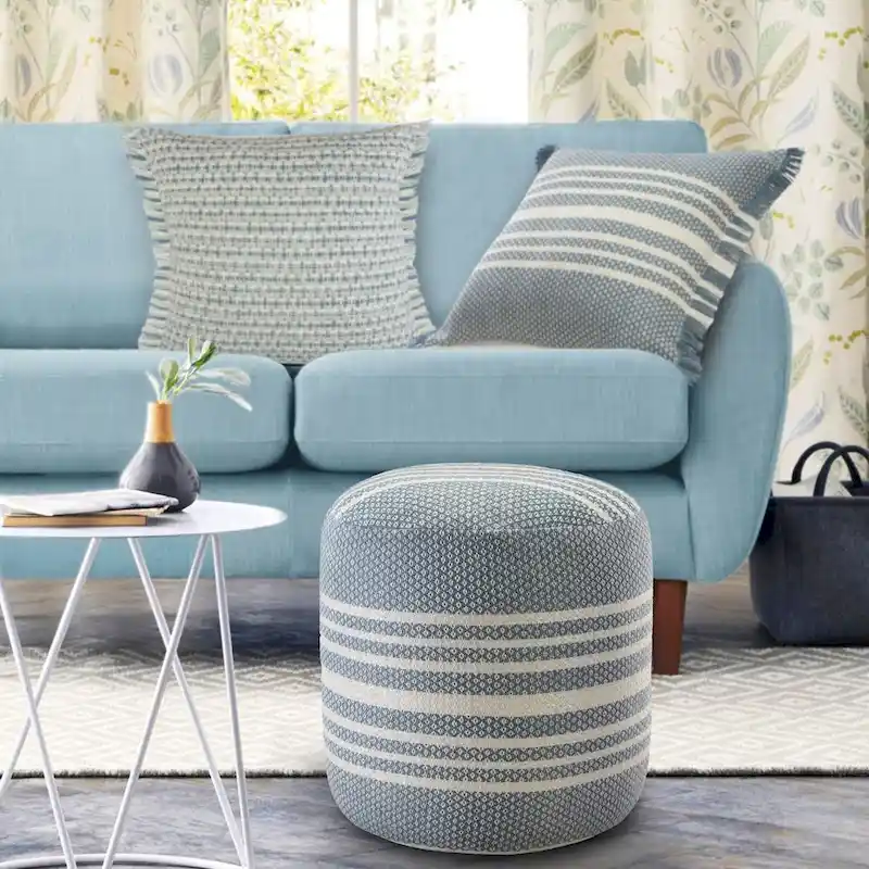 20 Blue and White Striped Round Pouf Ottoman