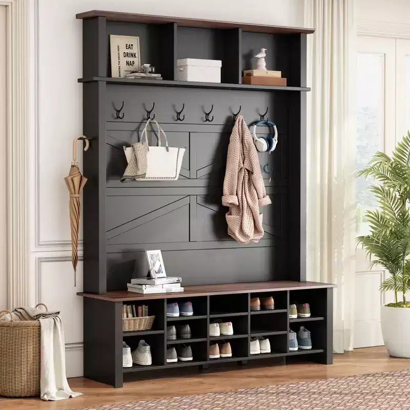 Farmhouse Hall Tree with 6 Hooks, Walnut Entryway Bench Shoe Organizer with Adjustable Shelves and 16 Open Compartments