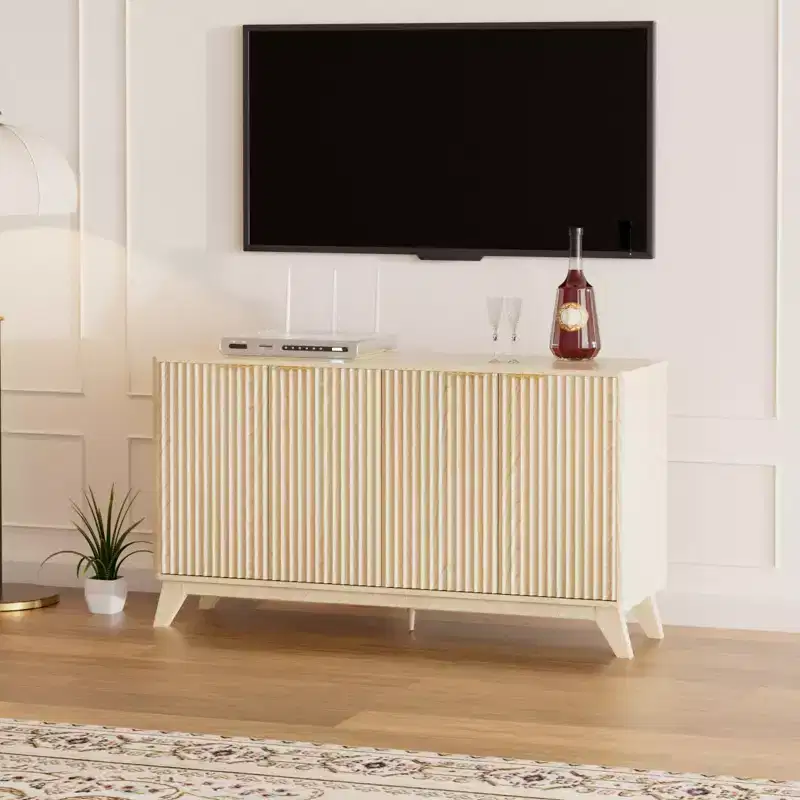 Wood Fluted Sideboard Buffet Cabinet with Adjustable Shelves Natural Oak