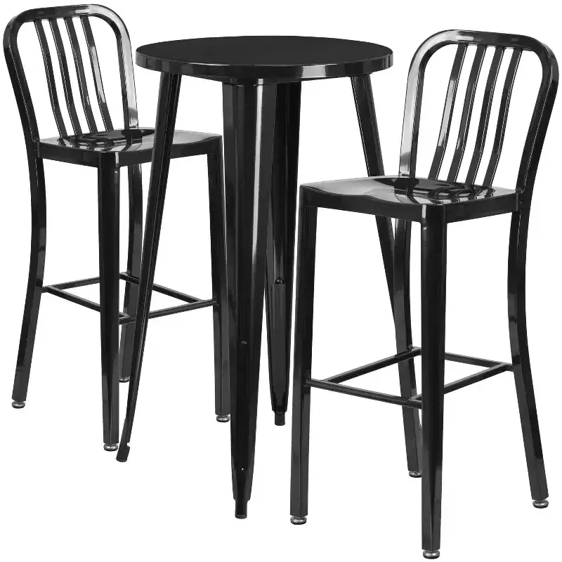 Emma and Oliver Commercial 24 Round Metal Indoor-Outdoor Bar Table Set & 2 Slat Back Stools