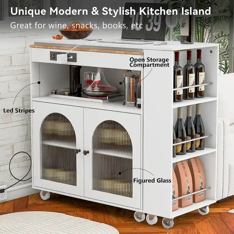 LED Lights Kitchen Island Cart With Extended Table and Power Outlets