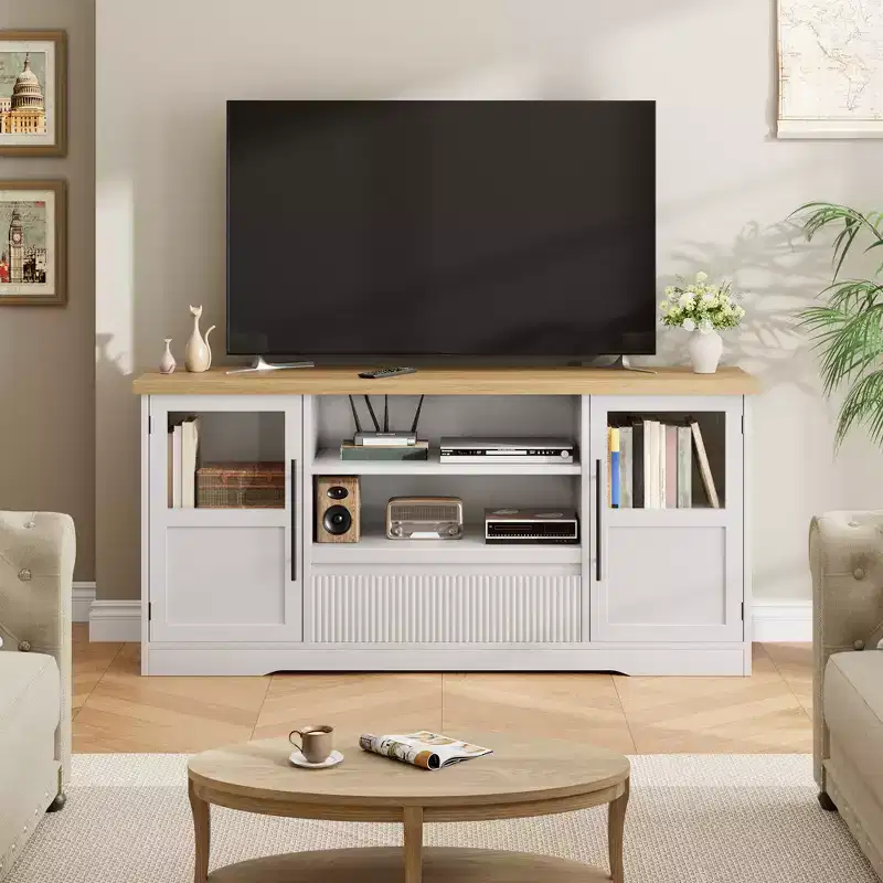 TV Stand Fits TV up to 72'', Wave Pattern Entertainment Center with 2 Glass Door Cabinets, TV Media Console with 2 Open Doors (Natural+White)