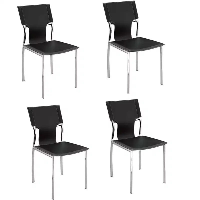 Set of Four Black and Silver Metal and Leather Partially Open Back Dining Side Chairs