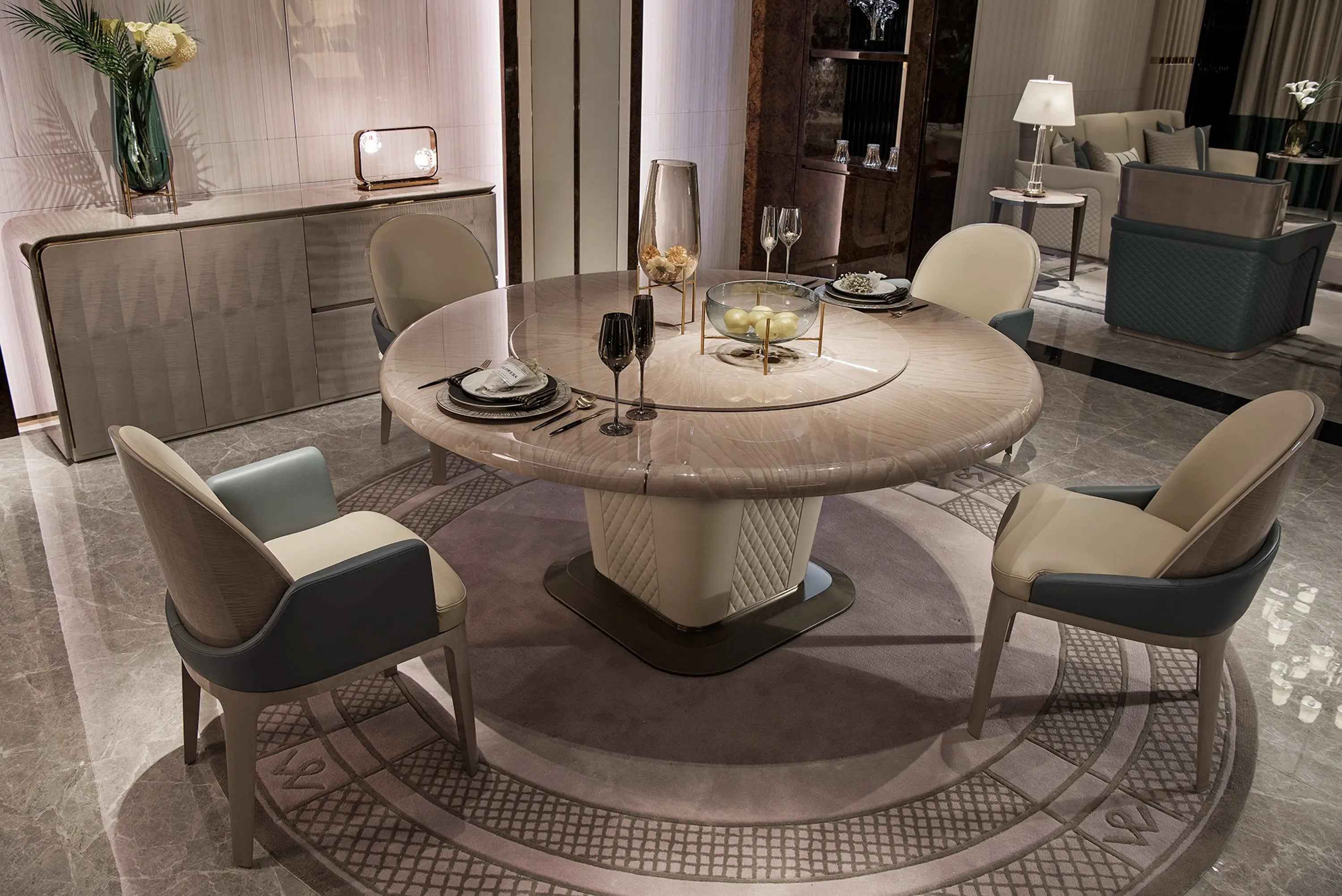 Round Luxury Dining Table with Metal Base and Wood Veneer Top