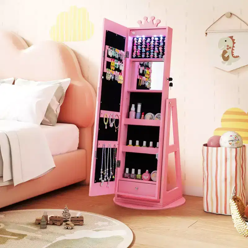 Costway Swivel Kids Jewelry Cabinet w/ Lights Full-Length Mirror & Built-in Mirror