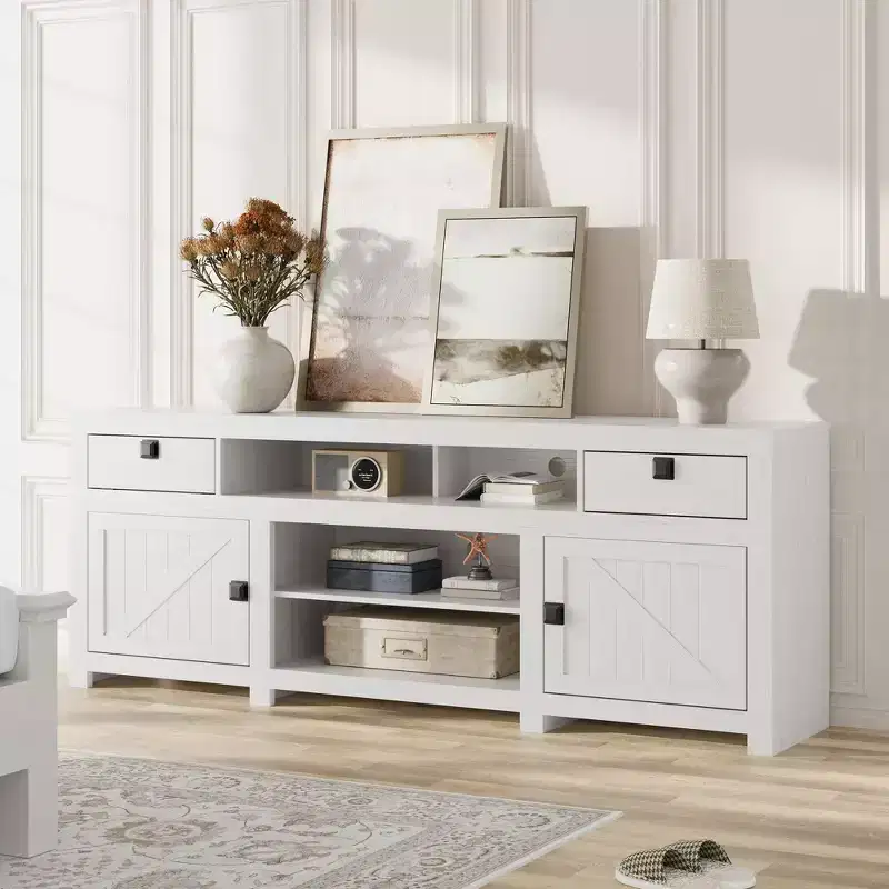 Farmhouse TV Stand for 75/80 Inch TVs, 70 Long Entertainment Center with 4 Storage Drawers & 3 Open Shelf, White Television Consoles Stands