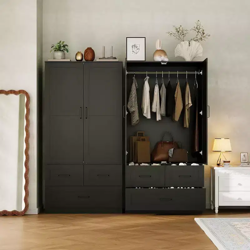 CuisinSmart Wardrobe Closet - 70 Freestanding Bedroom Portable Closets with Hanging Rod and 3 Deep Storage Drawers, Wooden Organization Clothing