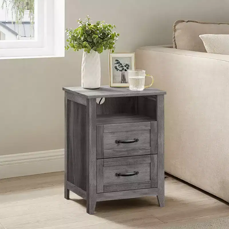 Set of 2 Farmhouse Nightstands with USB Charging - 2-Drawer Bedside Tables, Rustic Modern Design