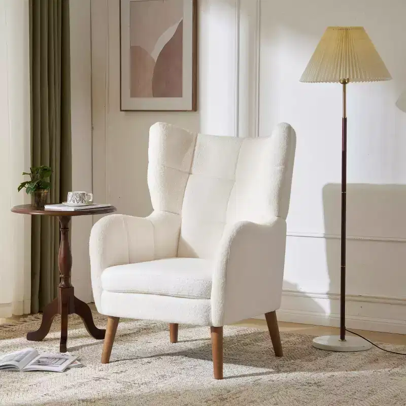 Modern Wingback Accent Chair with Birch Wood Legs & Teddy Fabric Upholstery