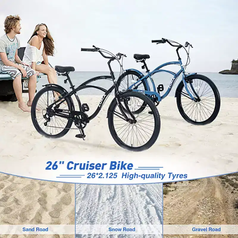 26 Inch Cruiser Bike, 7 Speed Multiple Colors Men's Women's Beach Cruiser Bike with Front and Rear V-brakes