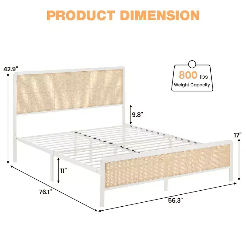 Rattan Platform Bed Frame with Headboard, Modern Boho Cane Style, Heavy Duty Metal Frame, Steel Slats, No Box Spring Needed, White