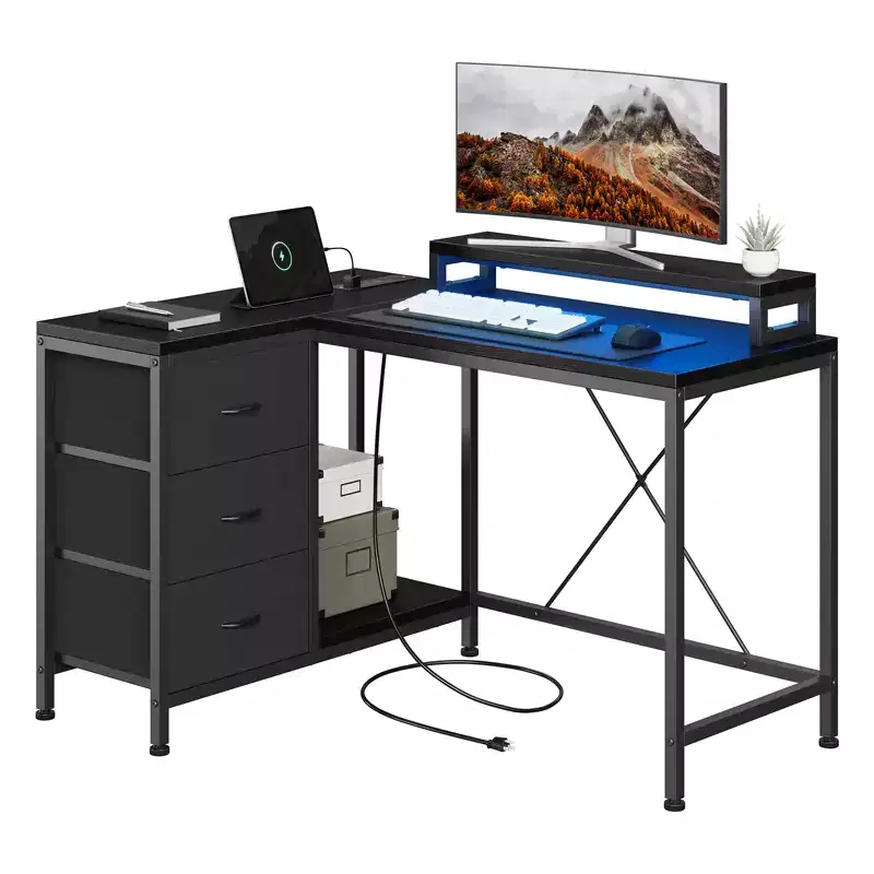 Home Office Desk, L Shaped Desk with Led Lights, 3-Drawer Computer Desk with Monitor Stand