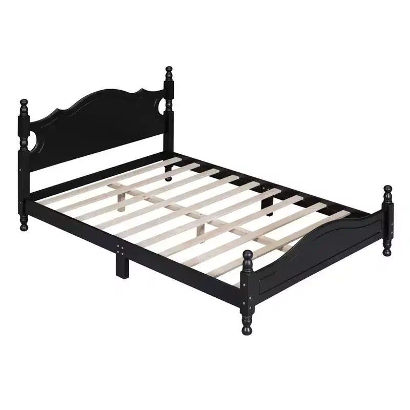 Full/Queen Size Wood House Bed, Easy Assembly, Platform Bed, No Box Spring Needed, Wooden Slat Mattress Foundation, Black_Full Size