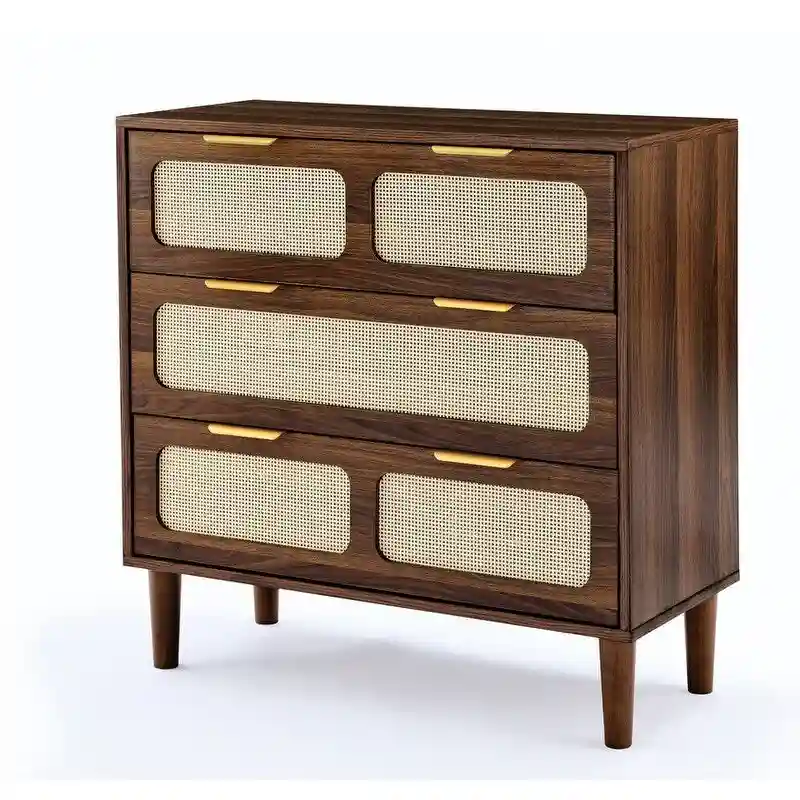 Grondin Mid-Century Modern Boho Style 3 Rattan Drawers Chest with MDF Frame and Solid Wood Legs, Chest of Drawers