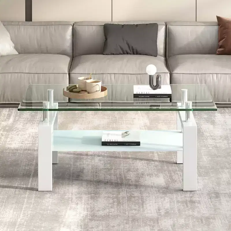 Tempered Clear Glass Coffee Table, 2-Layers Living Room Center Table