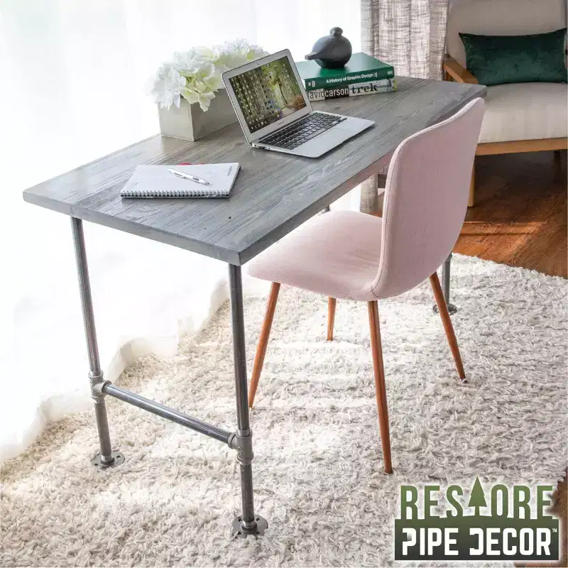 Riverstone Grey Solid Wood Office Desk with Industrial Pipe Base