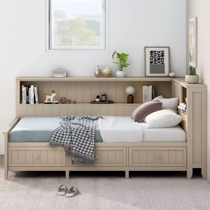 Wood Daybed with Storage Shelves and 3 Drawers