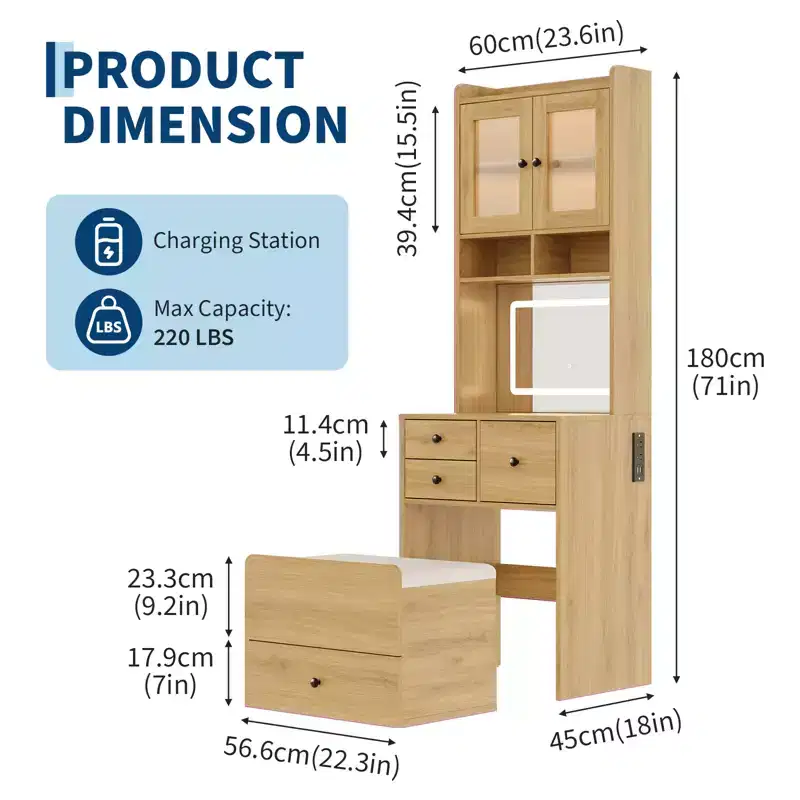 3 in 1 Vanity Desk, Tall Makeup Vanity Set, 4 Drawers, Storage Compartment, Acrylic Doors, for Bedroom, Home