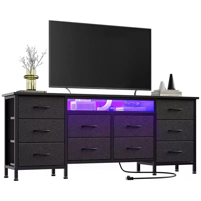 63-Inch Dresser with 10 Fabric Drawers, Power Outlet, LED Light and TV Stand for 65–75 Inch TVs