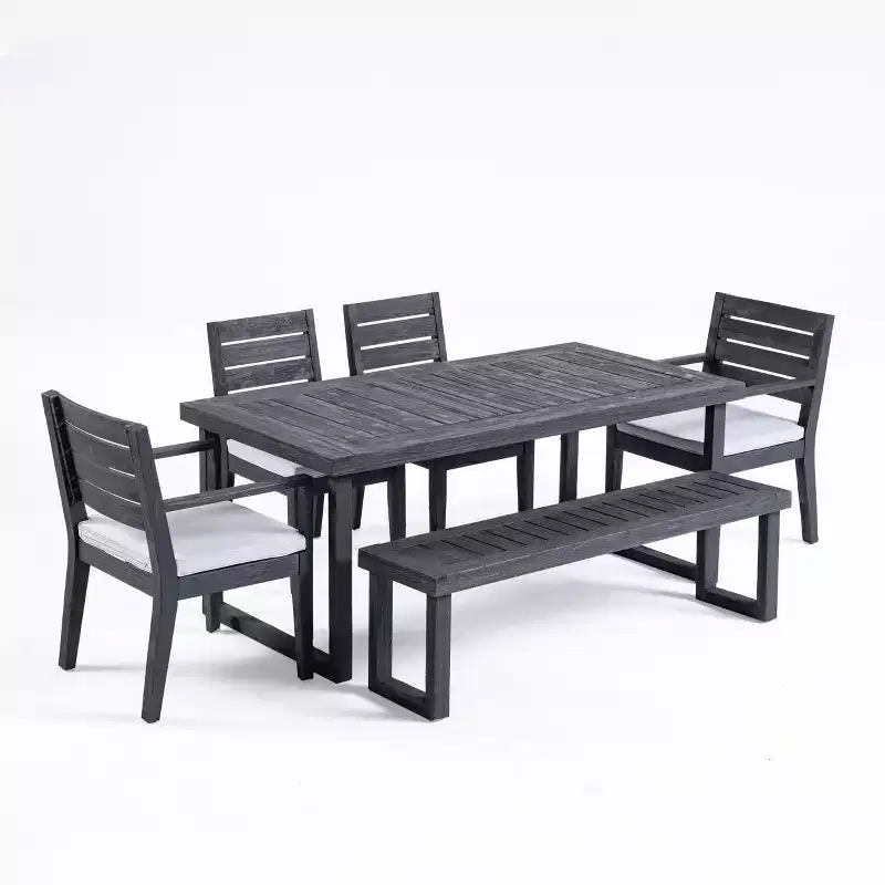 GDFStudio Broderick 6 Piece Outdoor Acacia Wood Dining Set With Bench and Cushions