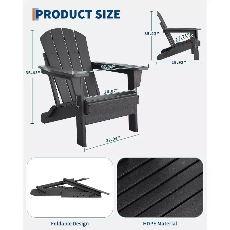 Folding Adirondack Chairs Set of 2 with Side Table, HDPE Plastic Wood Texture, 380lbs Capacity,Weather Resistant Outdoor Set for Patio, Deck,Fire Pit