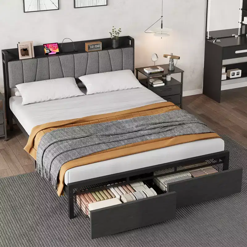 Queen Size Bed Frame with Storage Headboard, Industrial Queen Platform with 2 Drawers and Charging Station, Black No Box Spring Needed Bedframe