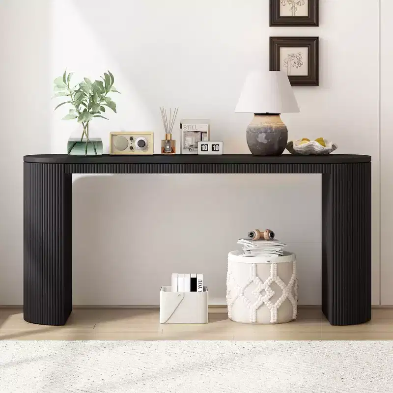 Modern Entryway Console Table with Curved Legs & Vertical Stripe Tabletop - Brown, 59