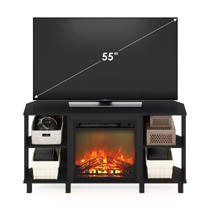 Furinno Corner Fireplace TV Stand Entertainment Console W/4 Open Storage Compartments for TV up to 55,Americano